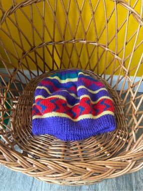 Womens English Village Vintage 1980s Retro Funky Colorful Geometric Beanie NWOT